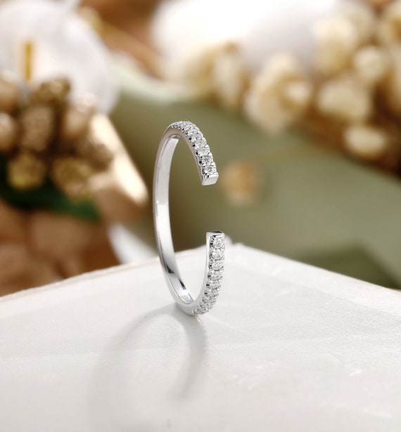 Open Wedding Band Gold, Gap Wedding Ring, Moissanite Wedding Band, Unique Wedding Ring White Gold