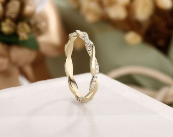 Vintage Diamond Wedding Band, gedraaide trouwring, crossover trouwring, touw diamanten ring, volledige eeuwigheid band, geel gouden ring