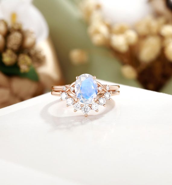 Vintage Moonstone Engagement Ring Set, Oval Cut Moonstone Ring