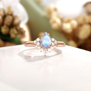 Unique Moonstone Ring Set, Pear Moonstone Engagement Ring, Moissanite Cluster Ring, 14K Solid Rose Gold Ring, Handmade Gift For Her