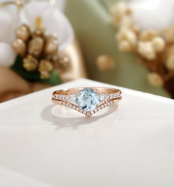 Round Aquamarine Ring Set, Dainty Aquamarine Engagement Ring