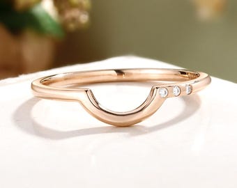 Moissanite Rose Gold Curved Wedding Band, Stackable Ring