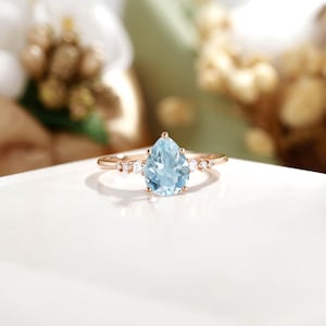 Art Deco Aquamarine Ring, Pear Cut Aquamarine Engagement Ring, Pear Diamond Ring, Moissanite Cluster Ring, Vintage Stack Ring, Ring for Her