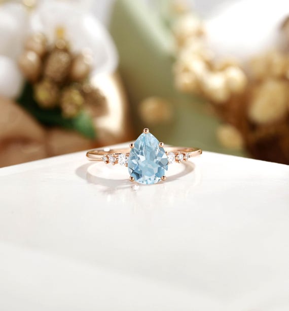 Art Deco Aquamarine Ring, Pear Cut Aquamarine Engagement Ring