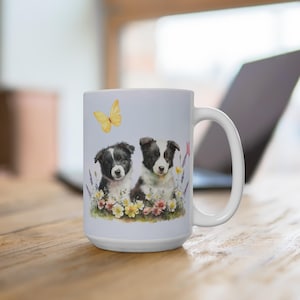 Whimsical Border Collie Puppy Mug, 15oz Coffee Cup, Cute Pet Lover Gift, Springtime Floral Design, Dog Mom Mug, Gift for Animal Lovers