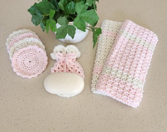 Pink Handmade Crochet Spa Set Bath Set Mothers Day Gift Handmade Gift Gift for Mom Girlfriend Grandma Gift for Mothers Day 100% cotton