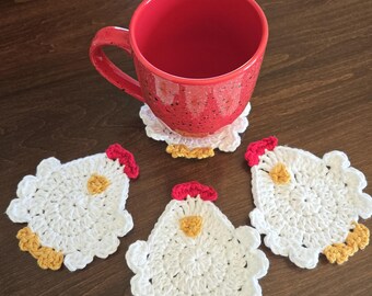 Crochet Chicken Coaster Set: Handmade Cotton Farmhouse Decor