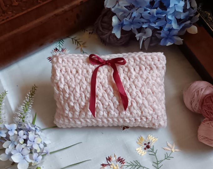 Pink crocheted rice heat bag