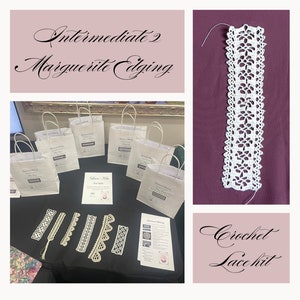Könnte beinhalten: Ein weißes Häkel-Spitzen-Set mit Anleitung und einer Probe des fertigen Produkts. Das Set ist mit "Intermediate 2 Marguerite Edging" und "Crochet Lace Kit" beschriftet.