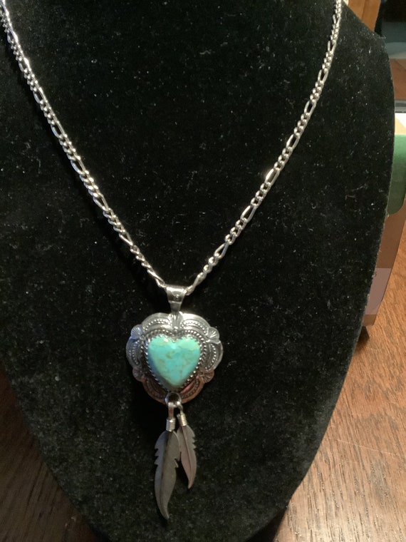 Vintage Heart Turquoise Feather Dangle Necklace
