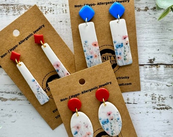 Hypoallergenic Customizable Blue/Red Poppy Floral Dangles