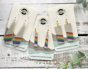Customizable Hypoallergenic Pearl Rainbow STRIPE Dangle Earrings w/ Gold or Silver Finish
