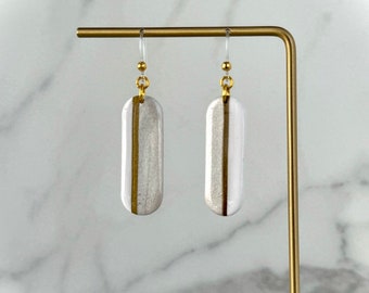 Hypoallergenic Customizable Pearl & Gold Stripe Dangle Earrings