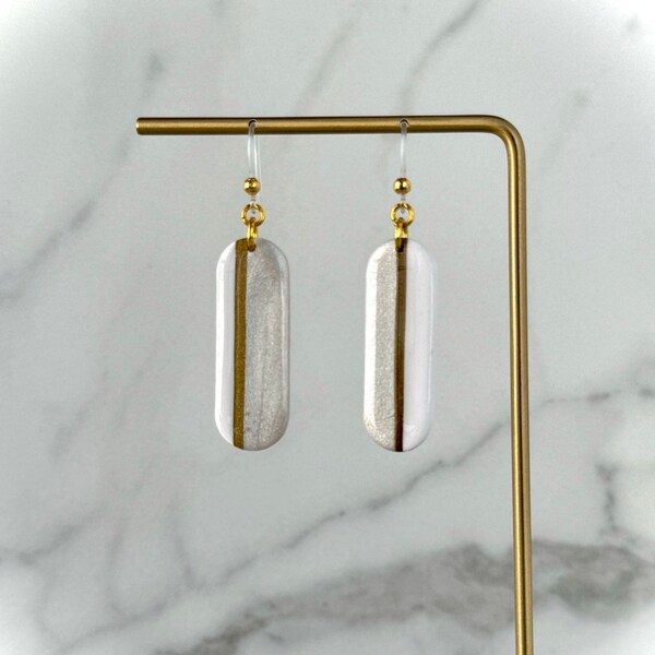 Hypoallergenic Customizable Pearl & Gold Stripe Dangle Earrings