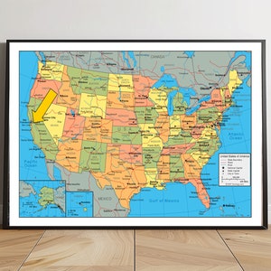 Decoración de pared con mapa de los Estados Unidos de América, arte digital decorativo para pared, alta resolución, descarga digital instantánea, arte imprimible