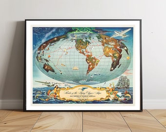 Vintage Pan Am Clipper Ships Map - 1941 Travel Poster (Digital Download)
