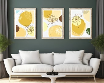 Boho Style,Shapes and Flowers,Set of 3 Minimalist Abstract Wall Art,Modern Wall Art,High Resolution,Home Decor..