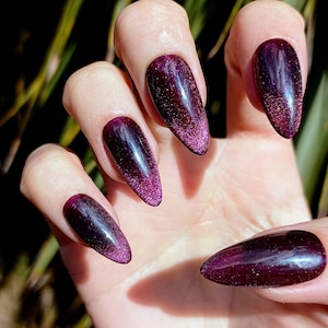 Könnte beinhalten: Nahaufnahme einer Hand mit fünf langen, mandelförmigen Nägeln, die mit einem tiefdunklen, leicht schimmernden, violetten Nagellack lackiert sind.