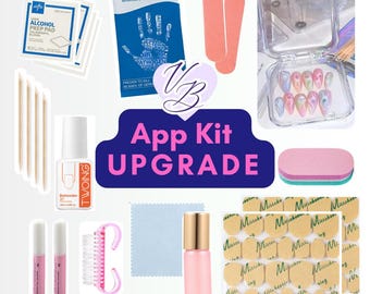 May include: A set of nail art supplies, including nail glue, nail polish, nail files, cuticle pusher, alcohol prep pads, nail tips, and adhesive tabs. The set also includes a blue and pink sign that says "App Kit Upgrade".