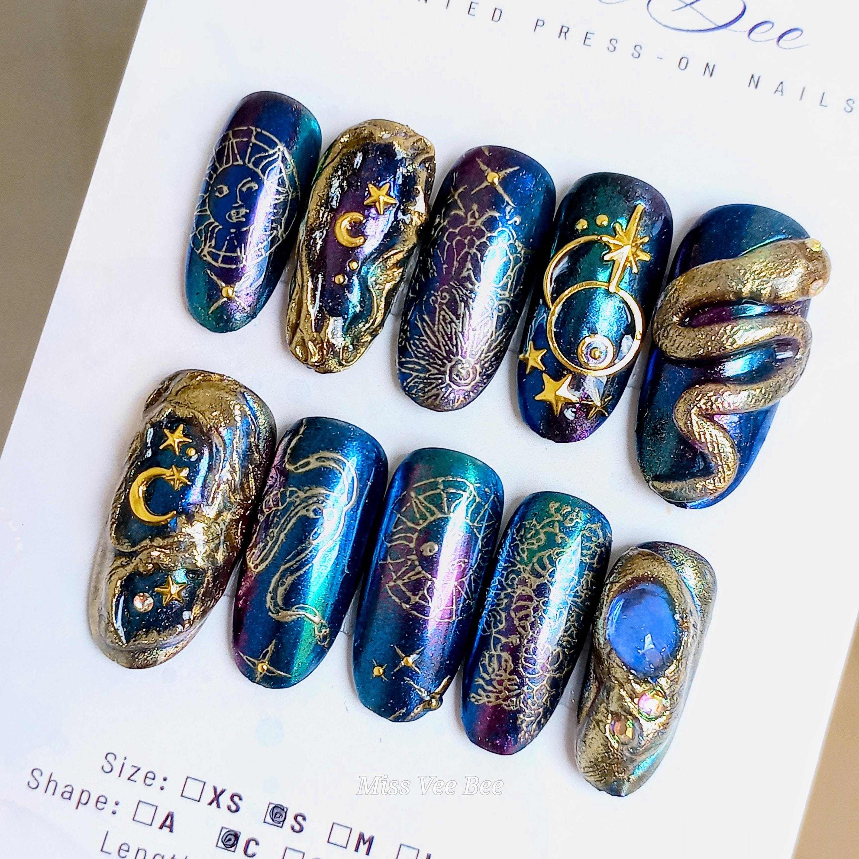 Dark Witchy Whimsical Celestrial Blue Purple 3D Nails, Luxury