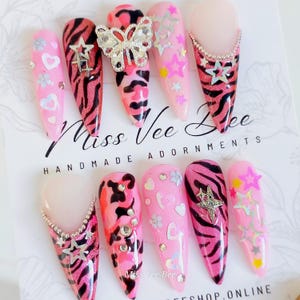 Gyaru Y2K Hot Pink Sparkling Zebra Camo Print, Luxury Handmade Hand Painted Reusable Ready to Wear Press on Nails