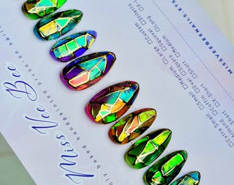Iridescent Stained Glass Garden Tone, Fairycore Theme, Luxury Handmade Hand Painted Reusable Ready to Wear Press on Nails