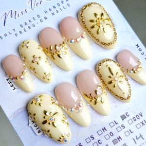 Bejewelled Buttercream Yellow, Luxury Handmade Hand Painted Reusable Ready to Wear Press on Nails