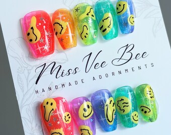 Melting Yellow Smiley Faces Glitter Rainbow Jelly Press on Nails, Handmade Hand Painted, Reusable Short Extra Short Nails