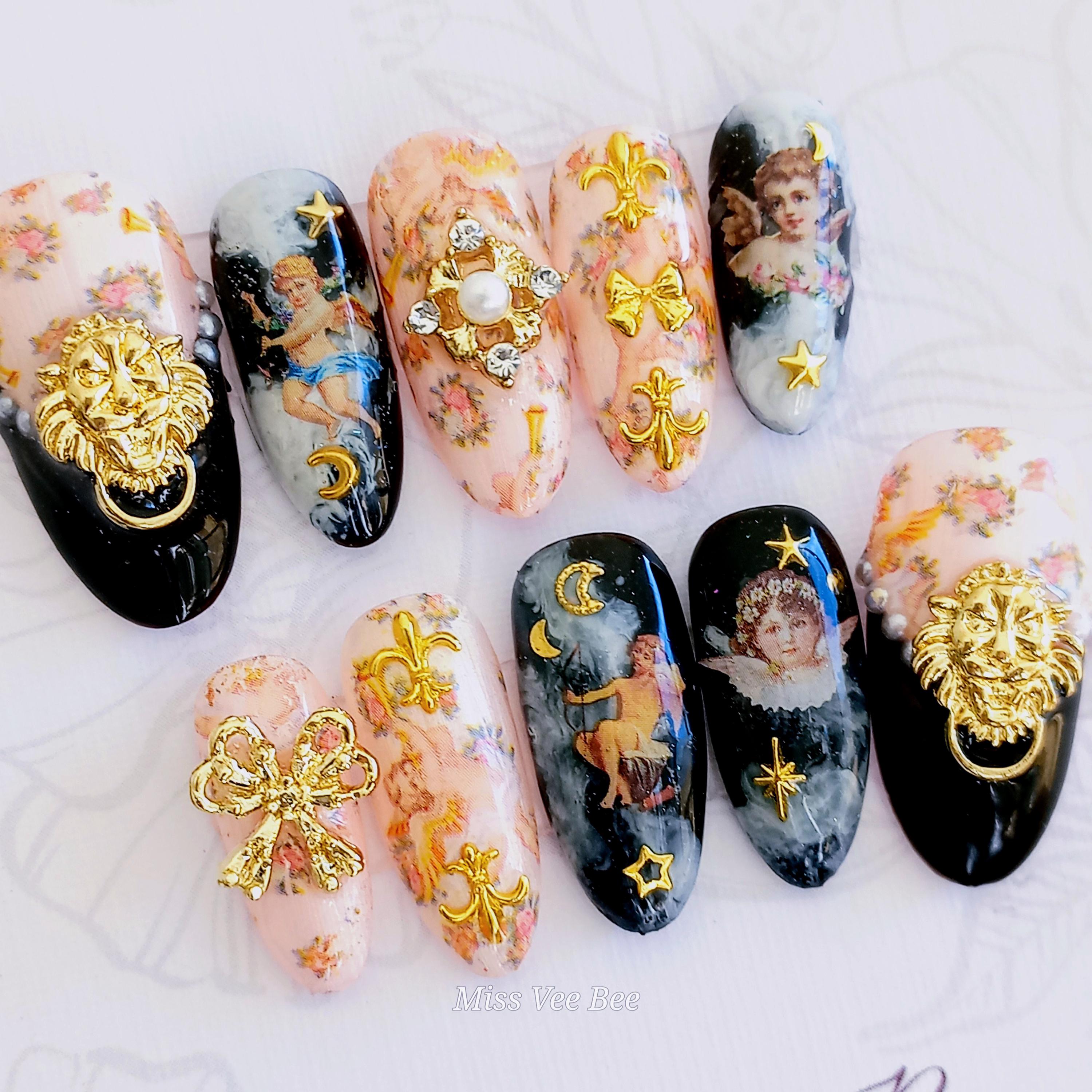 Romantic Rococo Black Pink Floral Gold Charms Cherubs White Clouds, Luxury Handmade Hand Painted Reusable Ready to Wear Press on Nails