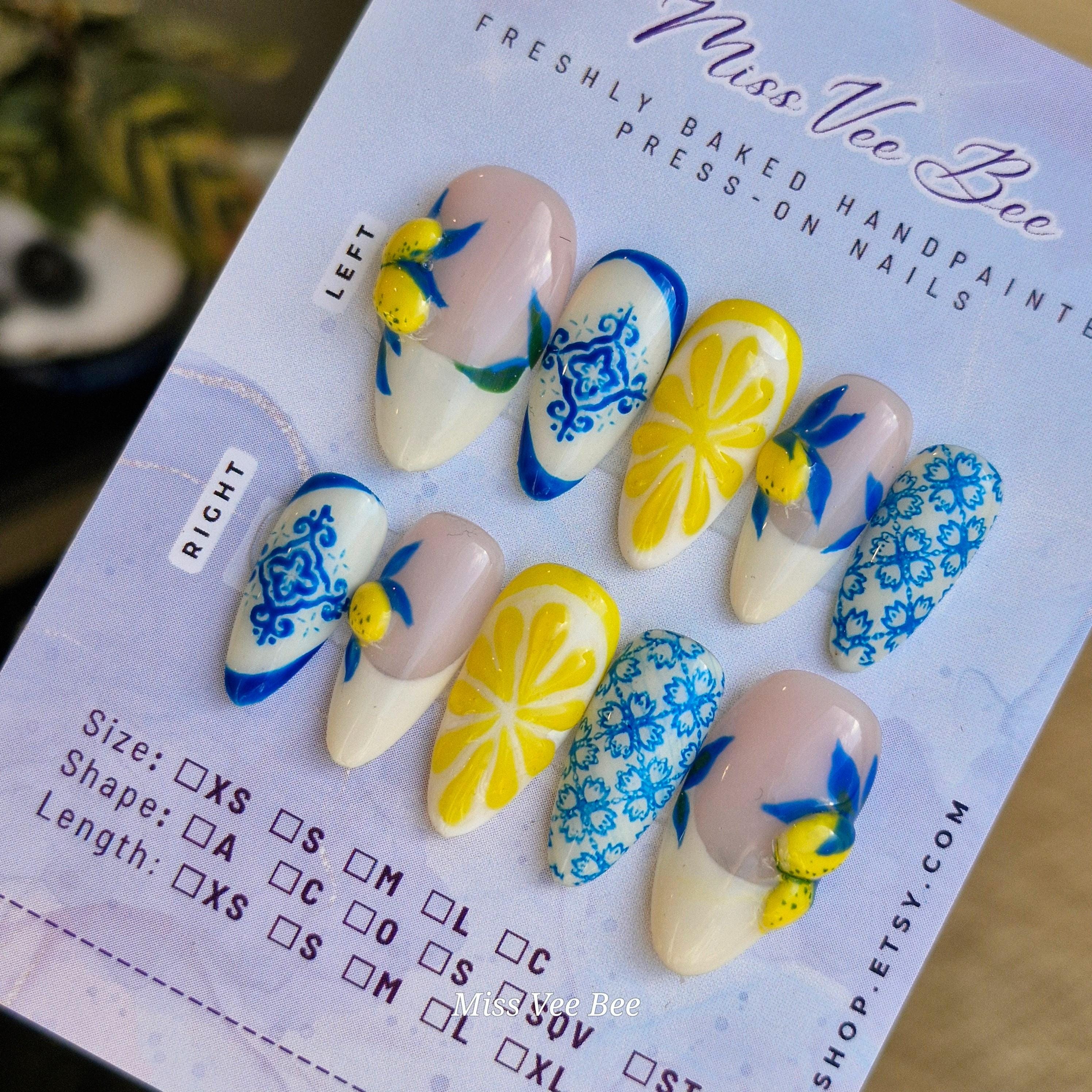 Lemon Citrus Blue Porcelain 3D Nail Art, Luxury Handmade Hand Painted Reusable Ready to Wear Press on Nails