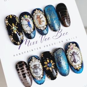 Regal Bugs Sparkling Gallery Teal Green, Luxury Handmade Hand Painted Reusable Ready to Wear Press on Nails