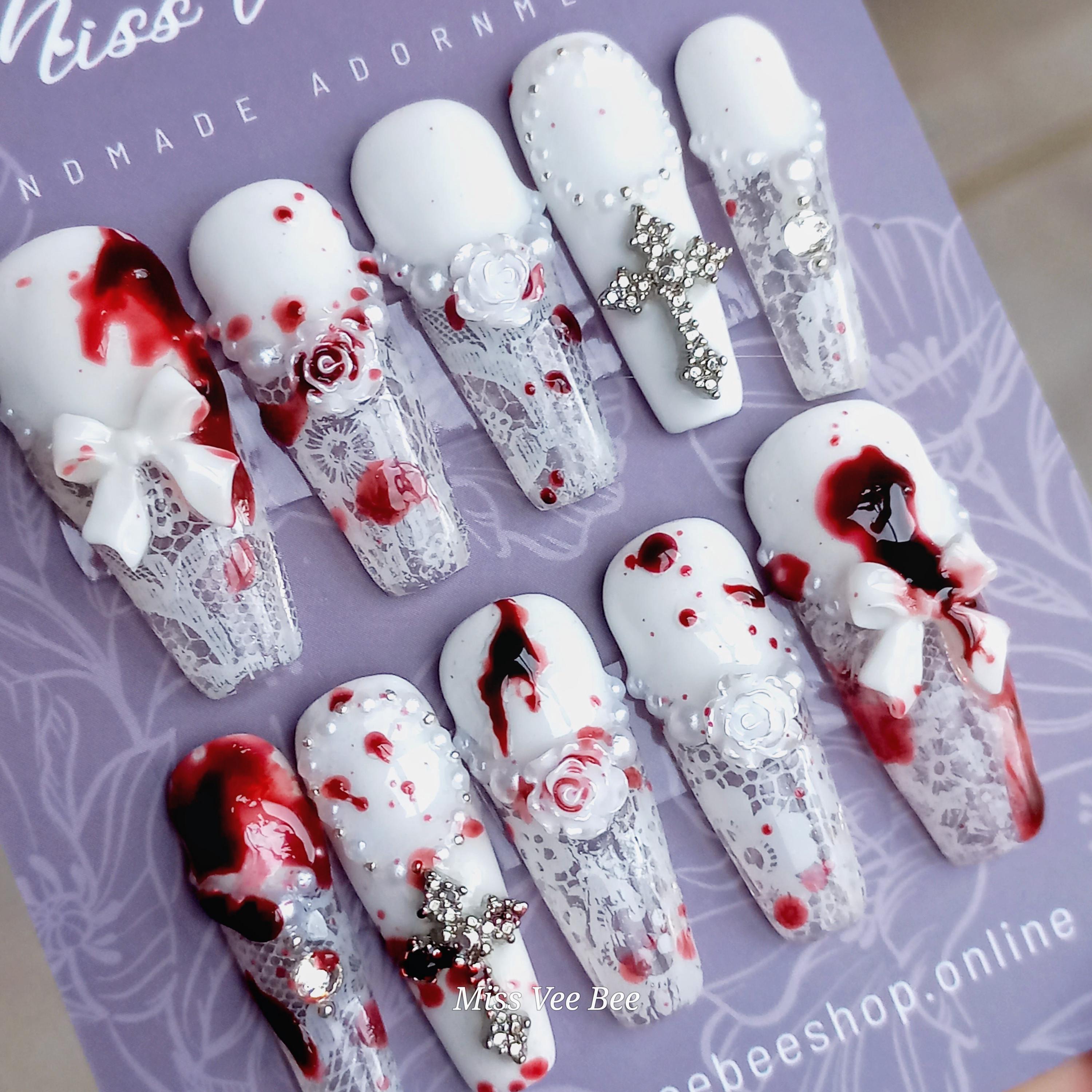 Blood Splatter ⋔ White Lace Tip Victorian Gothic Silver Crosses