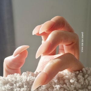 May include: Long, almond-shaped fingernails with a smooth, translucent, pale nude finish. The nails are manicured to a sharp point. The text @MISS VEE BEE NAILS is printed vertically along the right side of the image. The nails are positioned against a textured, off-white, fuzzy material.