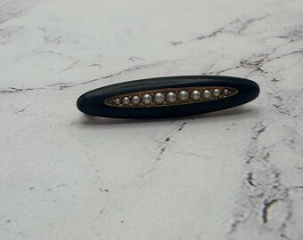 Antique Victorian Mourning Krementz 14k gold seed pearl lingerie enamel brooch pin 1.86gr
