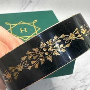Antique Victorian French Export Mourning 14k Solid Gold  Enamel Bangle Floral Flower Bracelet Heavy Fine Estate 5 3/4” wrist 19mm wide 33.7g