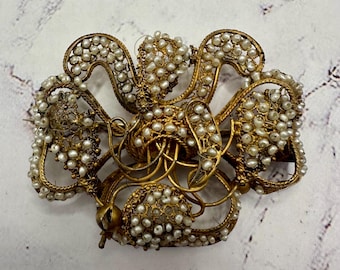 Early Victorian 16k gold Floral Seed Pearl Brooch Pin 9.3gr fine estate rare antique jewelry