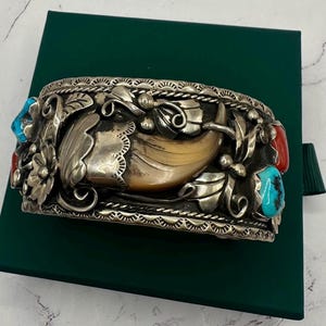 Old Pawn Navajo Southwestern signed ET Erwin Tsosi Turquoise Coral Claw sterling silver native cuff heavy solid bracelet tribal 6 3/4” 56.9g