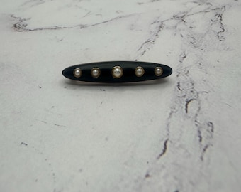 Antique Victorian Mourning 14k gold seed pearl lingerie enamel brooch pin 1.7