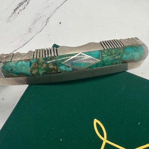 Old Pawn Navajo Southwestern signed Jerry T Nelson Opal Turquoise inlay sterling silver native cuff estate solid bracelet tribal 6 3/4”