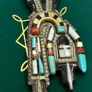 Old Pawn Herbert and Esther Cellicion Zuni Large Rainbowman Inlay Brooch Pendant Sterling silver Rainbow Dancer
