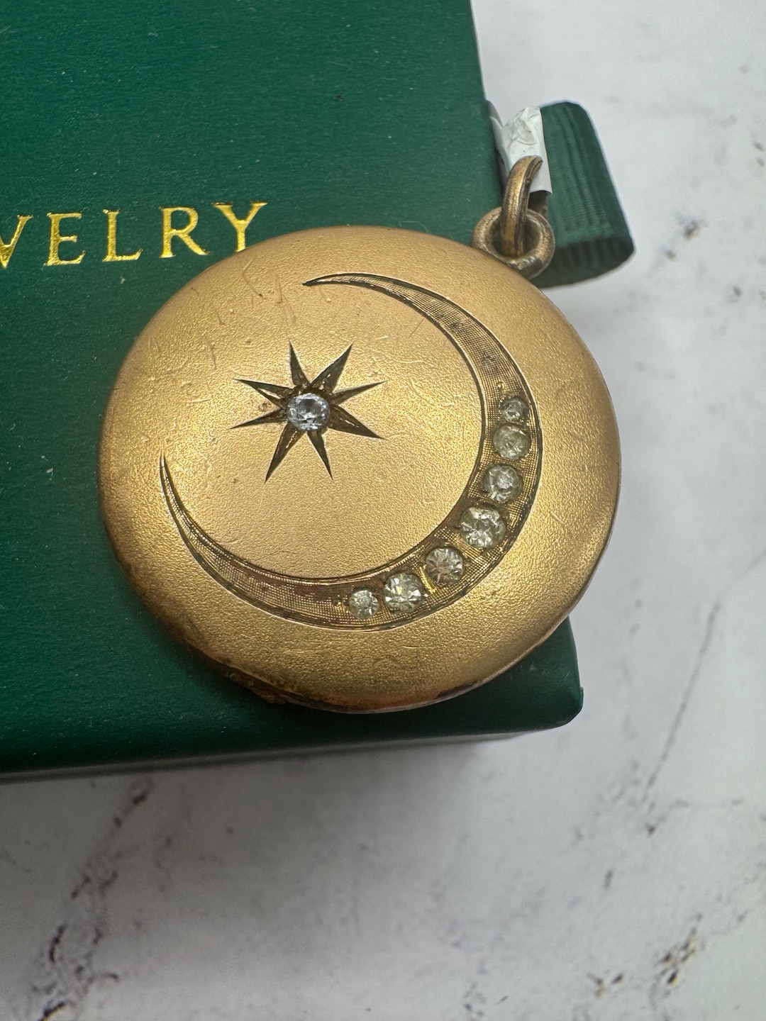 Antique GF Celestial Locket - Crescent Moon Paste Stone Gold Filled ...