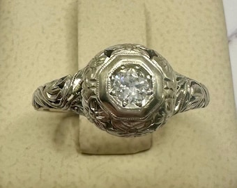 Art Deco 18k white gold flower floral daisy filigree engagement wedding ring .12ct Si2 H color Old Euro Cut Diamond size 7 2.5 grams