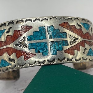 Old Pawn Navajo Turquoise Men’s Coral Turquoise Sterling Silver Stamped Large Heavy Cuff 31.3 g 6 3/4” Bracelet Rare Tribal Inlay 1” wide