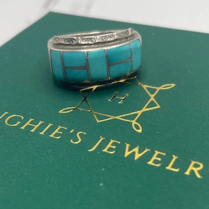 OUDE PION Sterlingzilver Vintage Zuni gesigneerd L blauw turquoise inlegsel maat 9 ring Tribal Southwestern