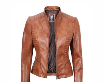 Tan Leather Jackets, Ladies Tan Leather Jacket, Leather Biker Jacket For Women, Classic Brown Leather Biker Jacket, Womens Tan Leather