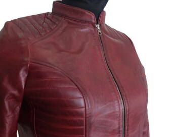 Vintage Red Leather Jacket, Womens Red Biker Coats, Red Leather Jacket Women, Classic Leather Biker Jacket For Women, Womens Fashion