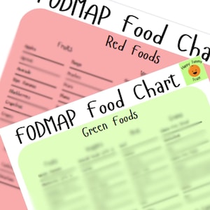 May include: Two FODMAP food charts, one pink and one green, with the titles "Red Foods" and "Green Foods." The charts list various food items. Small stickers with a smiling pumpkin face and the text "Happy Tummy Feast" are also visible.