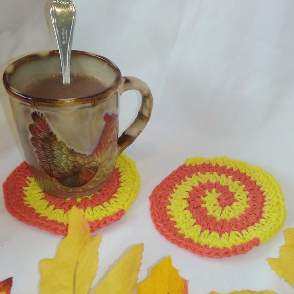 Crochet Swirl Drink Coasters, Handmade Set of 2 Fall or Thanksgiving Crochet Coasters, Cool Retro Vibes Coffee Coasters for Autumn
