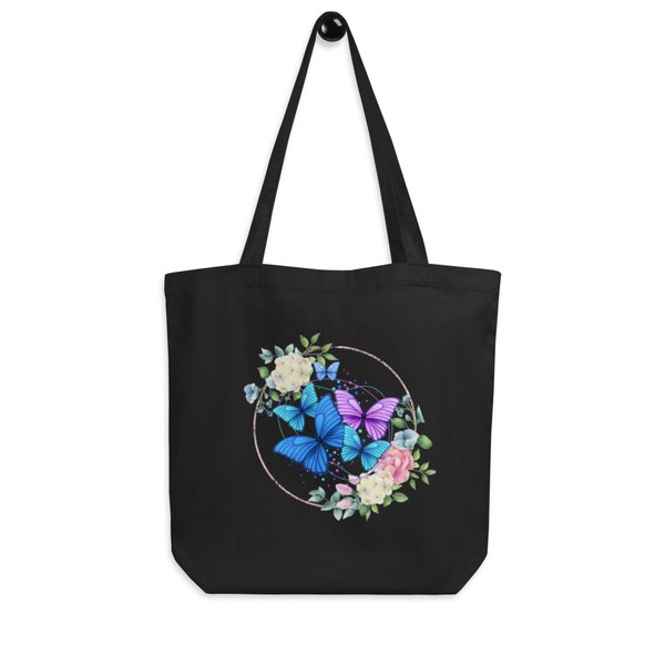 Bolsa de algodón orgánico, Ecobolsa, Bolsa ecológica con diseño de mariposas, Bolsa ideal compras