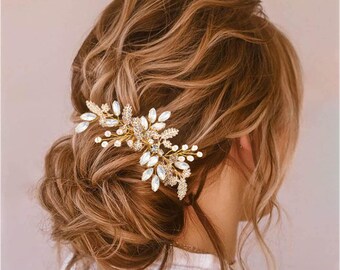 Bride Wedding Hair Comb Rhinestone Pearl Bridal Hair Pieces Flower Headpiece Crystal Hair Accessories for Women and Girls